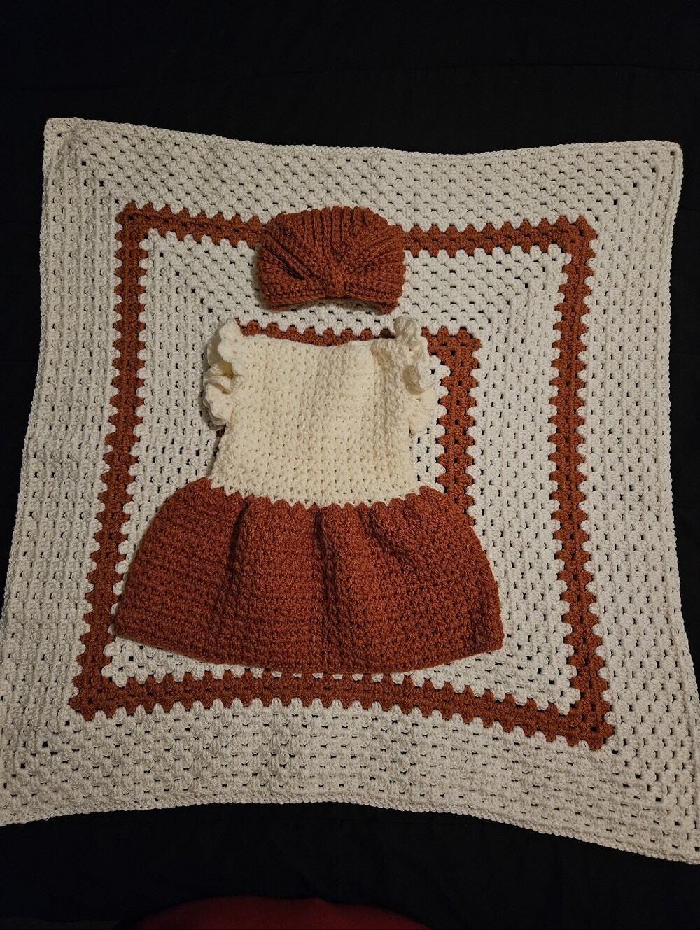 Handmade Cream and Burnt Orange Crochet Baby Dress Set